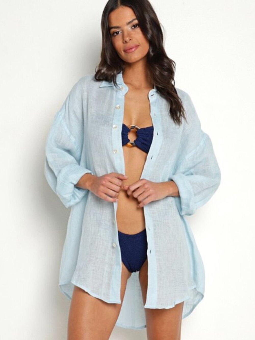 Vitamin A Playa Boyfriend Shirt 100% Linen Cover Up Light Blue Size Small